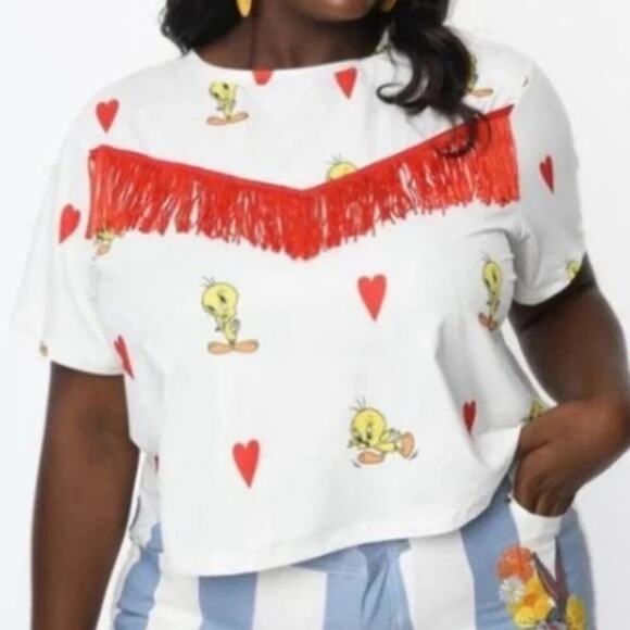 2/$25 M 6 - 8 Plus Size Tweety Bird Fringe Tee Shirt Looney Tunes Unique Vintage - Picture 1 of 4